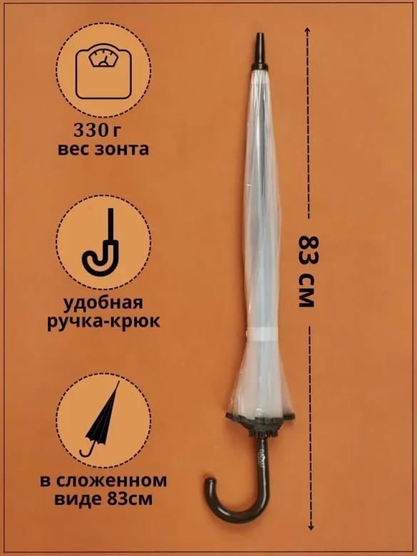 Зонт-трость прозрачный Raindrops 42800, чёрный кант, полуавтомат Зонт-трость прозрачный Raindrops 42800, чёрный кант, полуавтомат