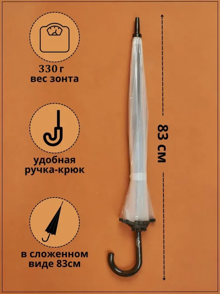 Зонт-трость прозрачный Raindrops 42800, чёрный кант, полуавтомат Зонт-трость прозрачный Raindrops 42800, чёрный кант, полуавтомат